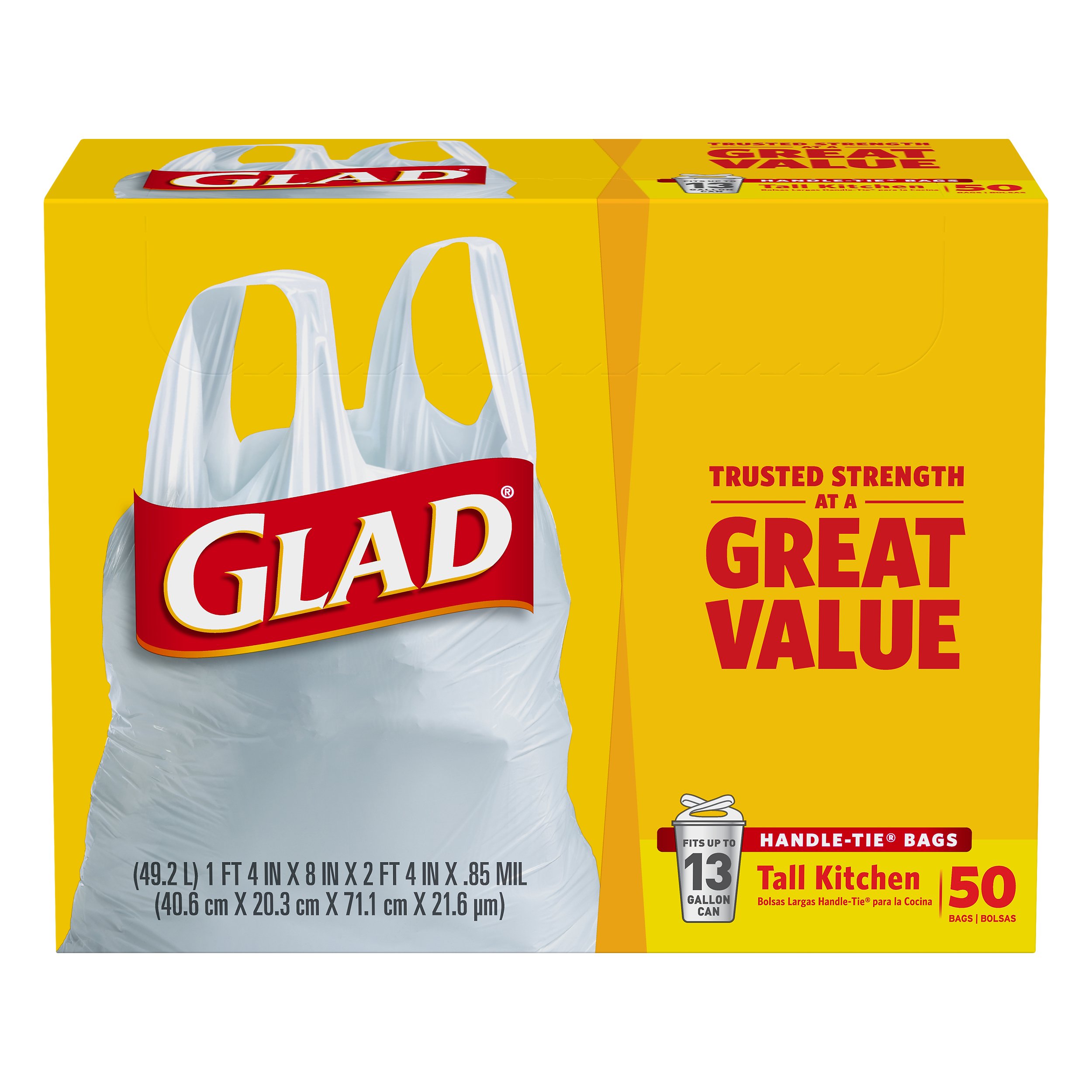 Glad Handle Tie Tall Kitchen Trash Bags - 13 Gal 50       4-Pack